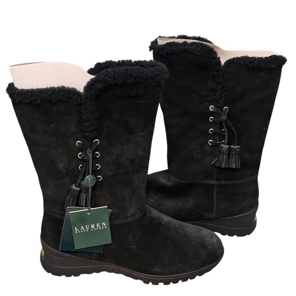 Ralph Lauren Tadina Mid-Calf Winter Boots Womens 8.5B Black Nubuck Lamb Fur Trim - Picture 1 of 16